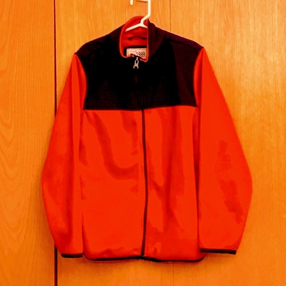 Place 1989 boy’s size 8 orange navy blue fleece nylon stand collar zip jacket